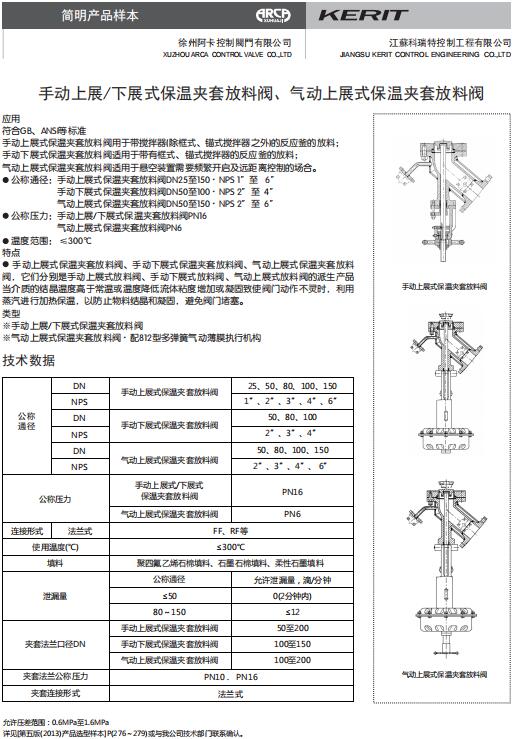 手动上展/下展式保温夹套放料阀、气动上展式保温夹套放料阀